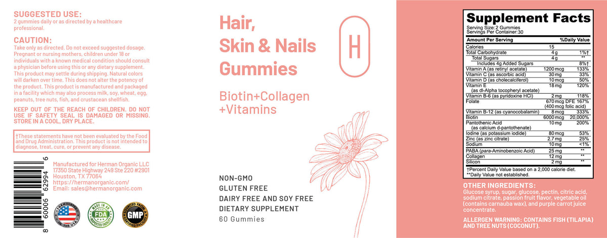 Herman Organic Vitamins &amp; Supplements Herman Organic Hair, Skin, and Nail Gummies