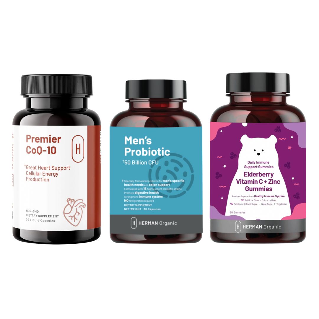 Herman Organic Vitamins &amp; Supplements Men&#39;s Overall Health Bundle - Elderberry Gummies, Men&#39;s Probiotic, CoQ10